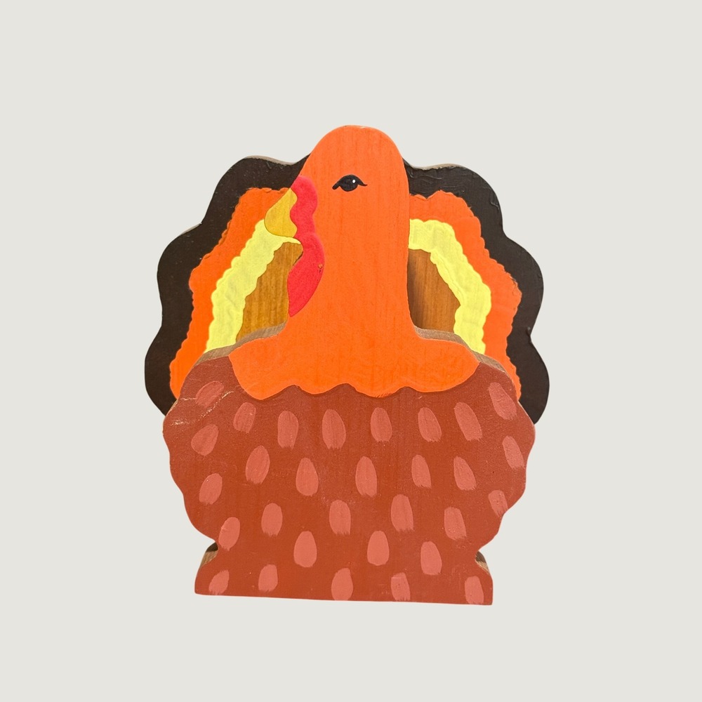 Vintage Wooden Turkey Napkin Holder Thanksgiving Fall Table Decor Hand Painted